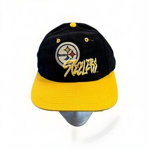 Vtg 90s NFL Drew Pearson Mens Black Yellow Pittsburg Steelers Snapback Hat Cap